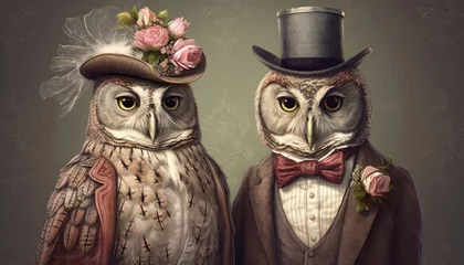 Wallpaper murals Owl Cartoons An illustration of owls wearing Victorian clothing as animals. (Illustration, Generative AI)