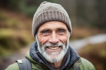 Close-up portrait photography of a grinning mature man wearing a warm beanie or knit hat against a serene nature trail background. With generative AI technology