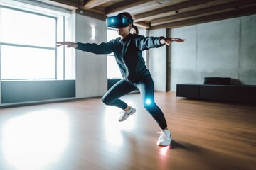 Futuristic vision of VR AR home sports, beautiful woman has fun making virtual sports at home with her immersive technology VR/AR headset, created with Generative AI
