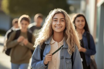 Fototapeta premium Students walking to school together. AI Generative