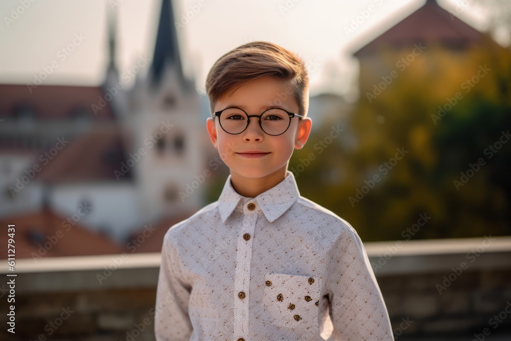 Wall mural Environmental portrait photography of a glad kid male wearing an elegant long-sleeve shirt against a peaceful monastery background. With generative AI technology