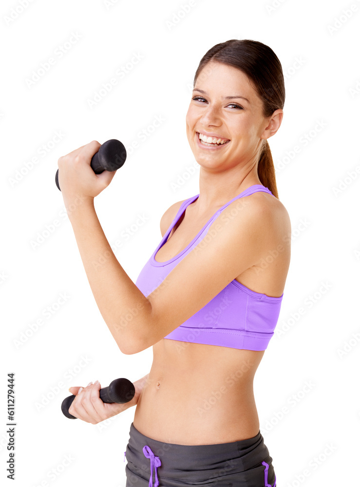 Sticker Exercise, woman portrait and dumbbell for fitness in isolated on a transparent, png background. Young female person, smile and wellness training of a happy model with weights for health and sports