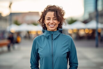Fototapeta premium Lifestyle portrait photography of a grinning girl in her 30s wearing a comfortable tracksuit against a bustling city square background. With generative AI technology