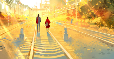 Couple walking on the railway 