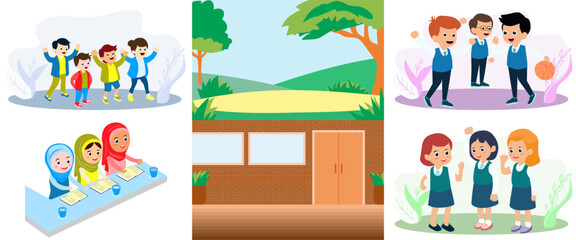 Back to School Set Bundle Illustration Flat Vector Clip Art for Education Banner Indoor Empty Classroom Exterior and Outdoor City Park with kids playing and studying