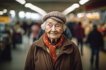 Obraz premium Lifestyle portrait photography of a glad old woman wearing a lightweight windbreaker against a bustling indoor market background. With generative AI technology