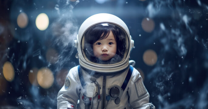 Portrait of adorable little cute girl Astronaut. Generative AI.