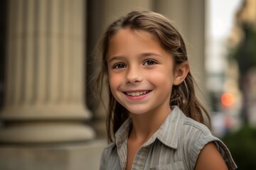 Headshot portrait photography of a joyful kid female wearing a casual short-sleeve shirt against a historic museum background. With generative AI technology
