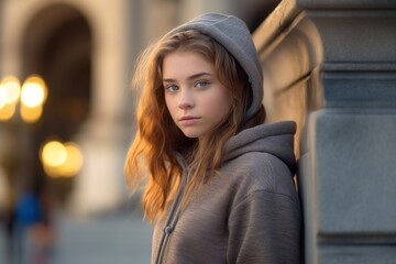 Medium shot portrait photography of a tender mature girl wearing a cozy zip-up hoodie against a historic museum background. With generative AI technology