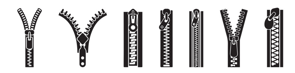 Set of zipper vector icons set. Black silhouette with closed zipper. Closure fastener.EPS 10 © Pasha