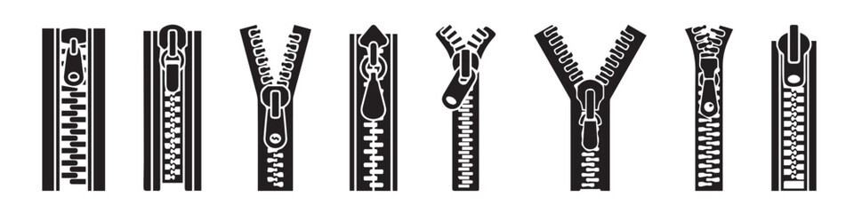 Set of zipper vector icons set. Black silhouette with closed zipper. Closure fastener.EPS 10 © Pasha