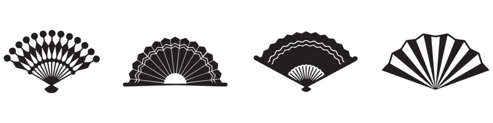 Hand fan icons. Collection of handheld icons isolated on a white background. Icons of folding and rigid fans. Vector illustration.EPS 10