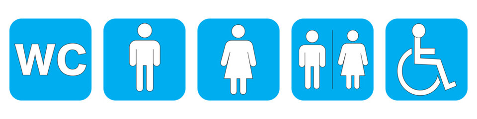 Toilet vector icon set. Restroom WC sign isolated. Mens and womans symbols privies on white background.