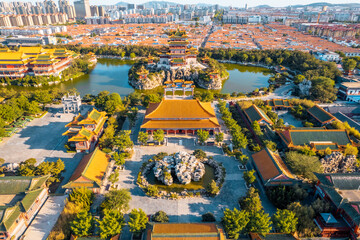 Naklejka premium Aerial photography of the scenery of the three immortal mountains by the sea in Penglai, Shandong Province