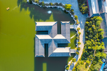 Aerial photography of the scenery of the three immortal mountains by the sea in Penglai, Shandong...