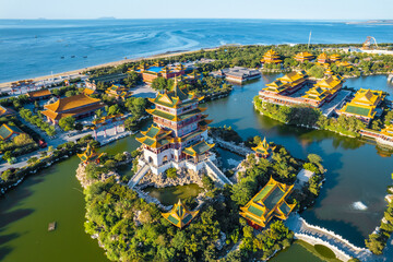 Aerial photography of the scenery of the three immortal mountains by the sea in Penglai, Shandong Province