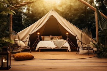 Glamping tent lights background. Generate Ai