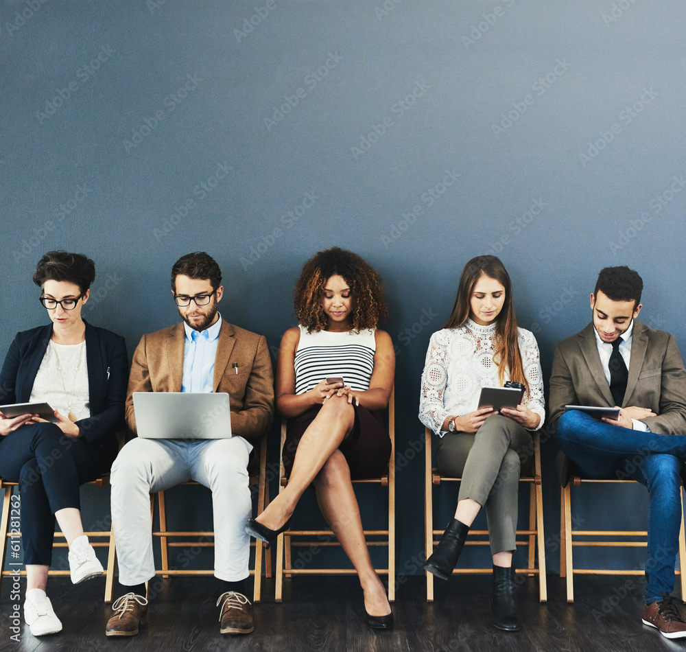Poster business people, hiring and busy before a job interview waiting room and sitting in line. online com