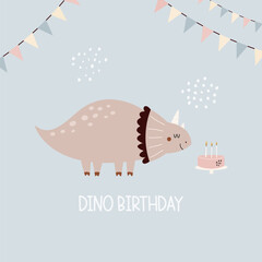 Illustration with a cute Birthday dinosaur in a simple hand drawn style. © danceyourlife