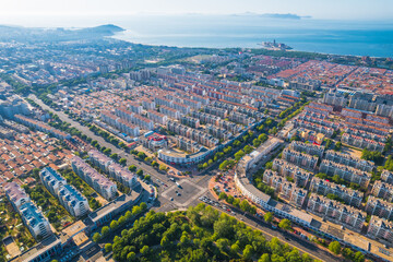 Aerial view of coastal city of Penglai District, Yantai, Shandong province