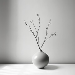 minimal ceramic vase with twigs and branches in an empty clean room, interior, decoration, white space, modern design, floral, Nature, generative AI