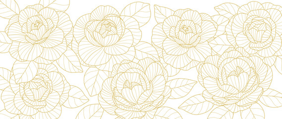 Fototapeta na wymiar Luxury golden rose flower line art background vector. Natural botanical elegant flower with gold line art. Design illustration for decoration, wall decor, wallpaper, cover, banner, poster, card.