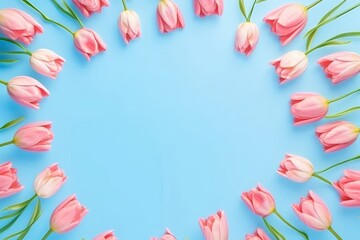 Obraz na płótnie Canvas Top view tulip composition for Mother's Day on blue background. (Generative AI)