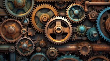 The background is a vintage steampunk machinery with rusty gears. (Generative AI)