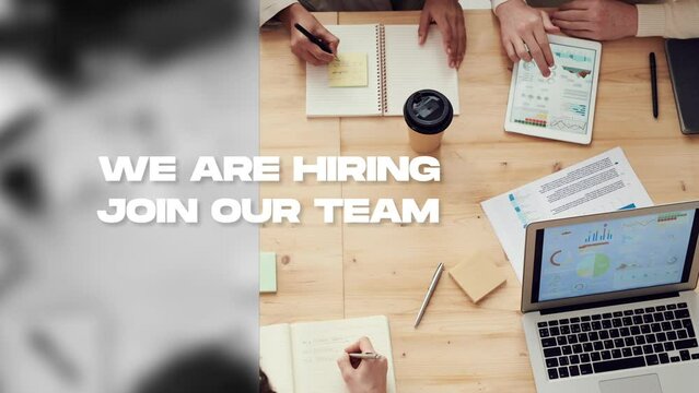 we are hiring, join our team, text animation with white text and image of team meeting in background