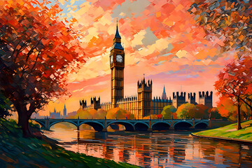 An exquisite illustration of Big Ben and the Houses of Parliament showcases the iconic charm of London's skyline, capturing the essence of British history and architectural splendor. | Generative AI
