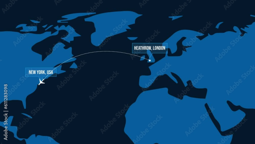 Poster heathrow to new york flight 4k animation on world map with plane and route