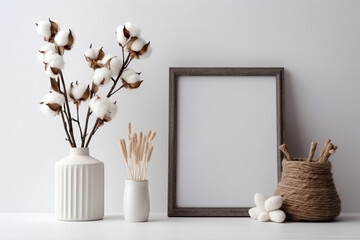 Blank white frame mockup with cotton branch in vase, minimalistic style. AI generated