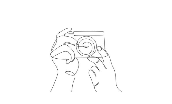 Photo camera one line drawing. Hands holding camera making pictures, photography equipment concept. Vector graphic design