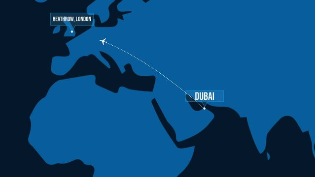Dubai to London Heathrow airport route 4k Animation on a world map. Flying from Dubai to London concept backdrop