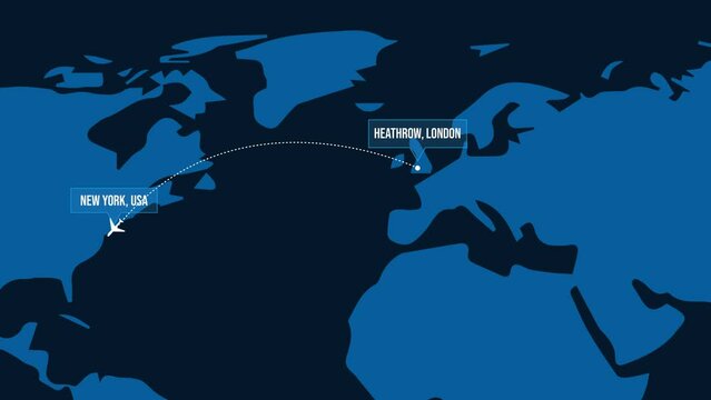 Heathrow to New York Flight 4K Animation on world map with plane and route