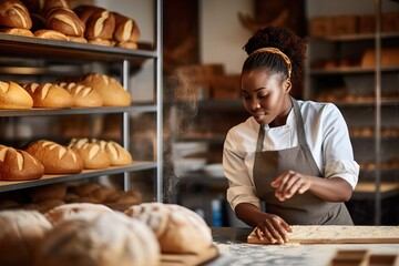 Fototapeta na wymiar Skilled Female Baker Creating Artisanal Bread in Contemporary Bakery. Generative AI.