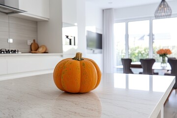 Pumpkin on the table in a white modern kitchen - created using generative AI tools
