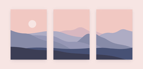 Abstract mountain landscape collage. Modern minimal sunset horizon panorama, geometric nature wallpaper. Vector boho poster set