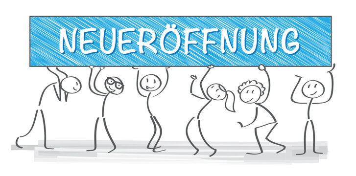 Neueröffnung - Team hält Werbeschild - Vektor Illustration mit deutschem Text