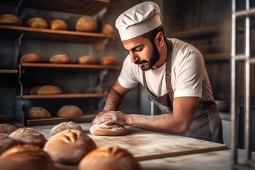 Skilled Male Baker Creating Artisanal Bread in Contemporary Bakery. Generative AI.