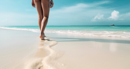 Girl's legs on the beach. Created with generative Ai technology.