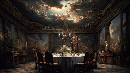 Fototapeta na wymiar a table and chairs and a ceiling full of paintings in the dining room of a castle. Famous huge paintings on the wall. Dark atmosphere, candlelight, Old vintage solid furniture interior. Generative ai