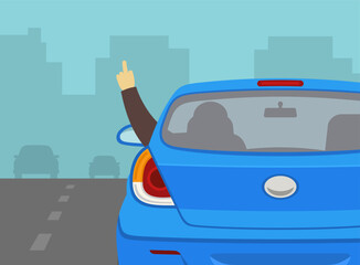Close-up back view of a rude driver giving middle finger. Road rage. Flat vector illustration template.