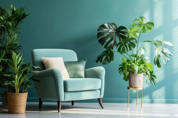 Green armchair blue wall classic. Generate Ai