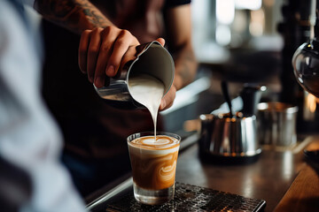 Fototapeta na wymiar Passionate Small Business Owner Crafting Latte Art Masterpiece. Generative AI.