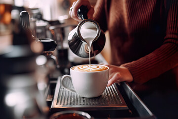 Passionate Small Business Owner Crafting Latte Art Masterpiece. Generative AI.