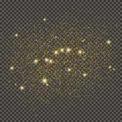 Gold glittering dust on transparent backdrop