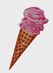 Watercolor pink icecream in a waffle cone isolated on white background.