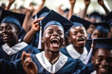 Fototapeta premium Graduation Caps Thrown in the Air, Graduates celebrating, AI Generative