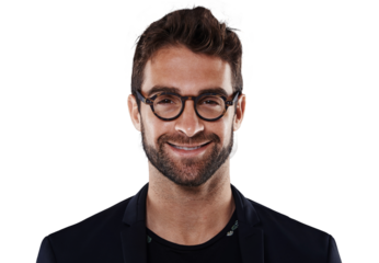 Isolated business man, glasses and portrait with smile, handsome or fashion by transparent png background. Young businessman, happy entrepreneur or male in headshot, motivation or career development